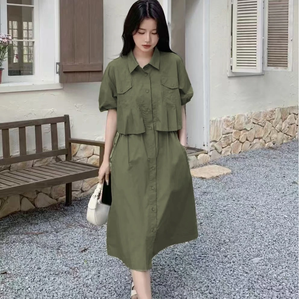 【洋洋】法式纯色吸汗夏季X型裙连衣裙绿色女装时尚休闲A2A1L2076