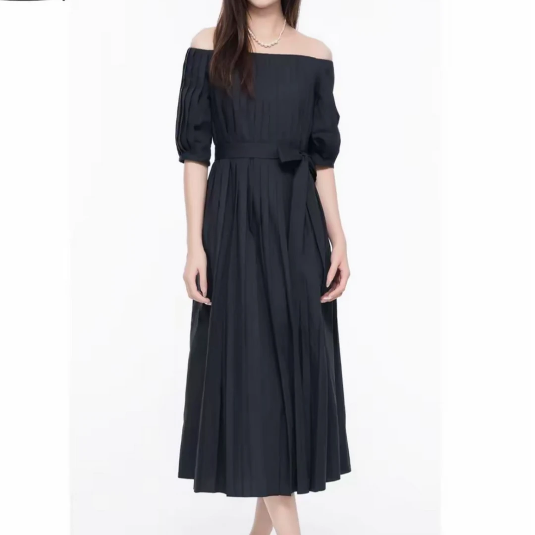 阿玛施AMASS新款松紧一字肩腰带收腰百褶小众气质连衣裙5500473