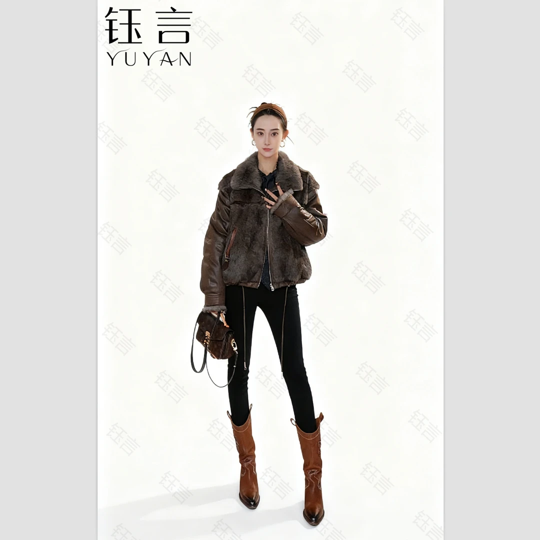 钰言专属【济州岛】25年冬季新款兔毛短外套两穿时尚轻奢女外衣保暖