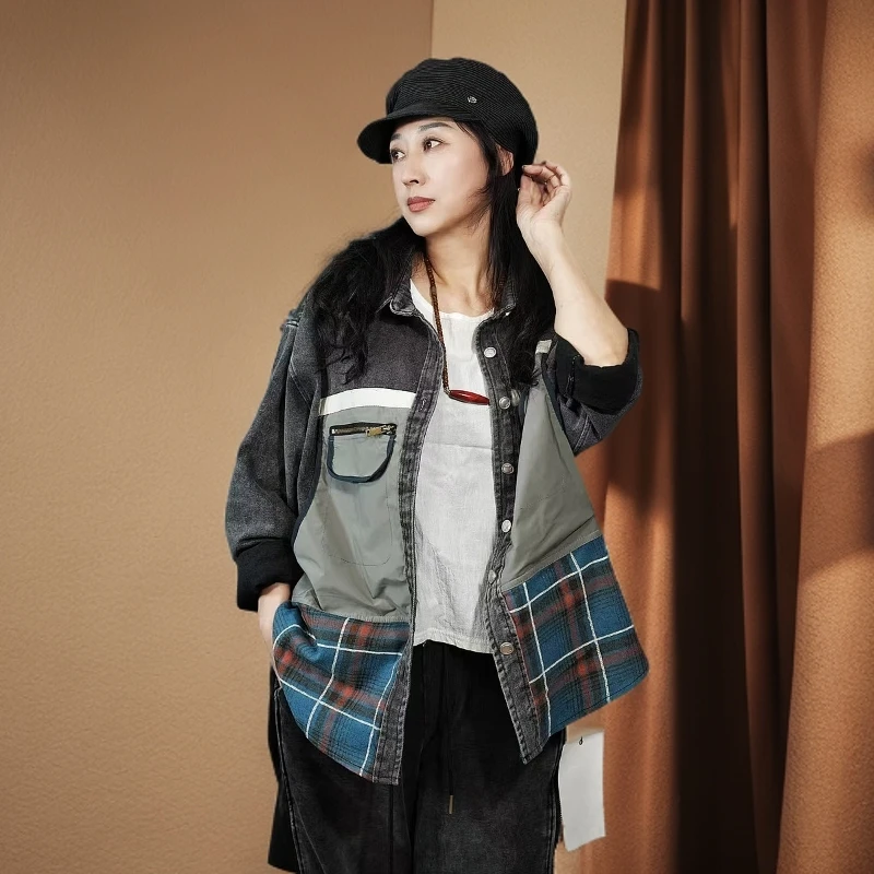 简欧系列8113欧洲站小众设计师2025美式复古拼接牛仔衬衫外套宽松