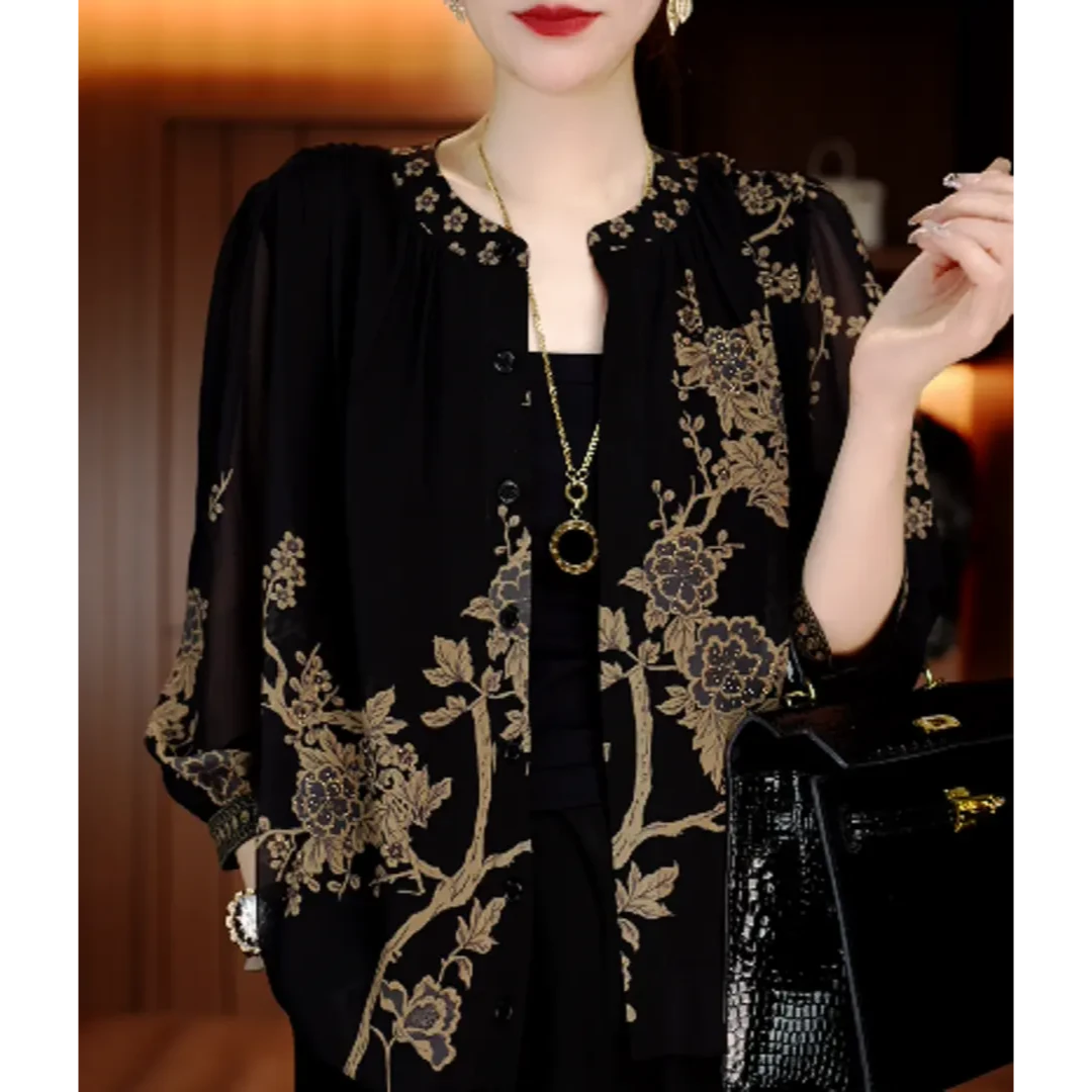 春夏新款气质开衫轻奢高档复古印花双绉丝外套宽松显瘦上衣