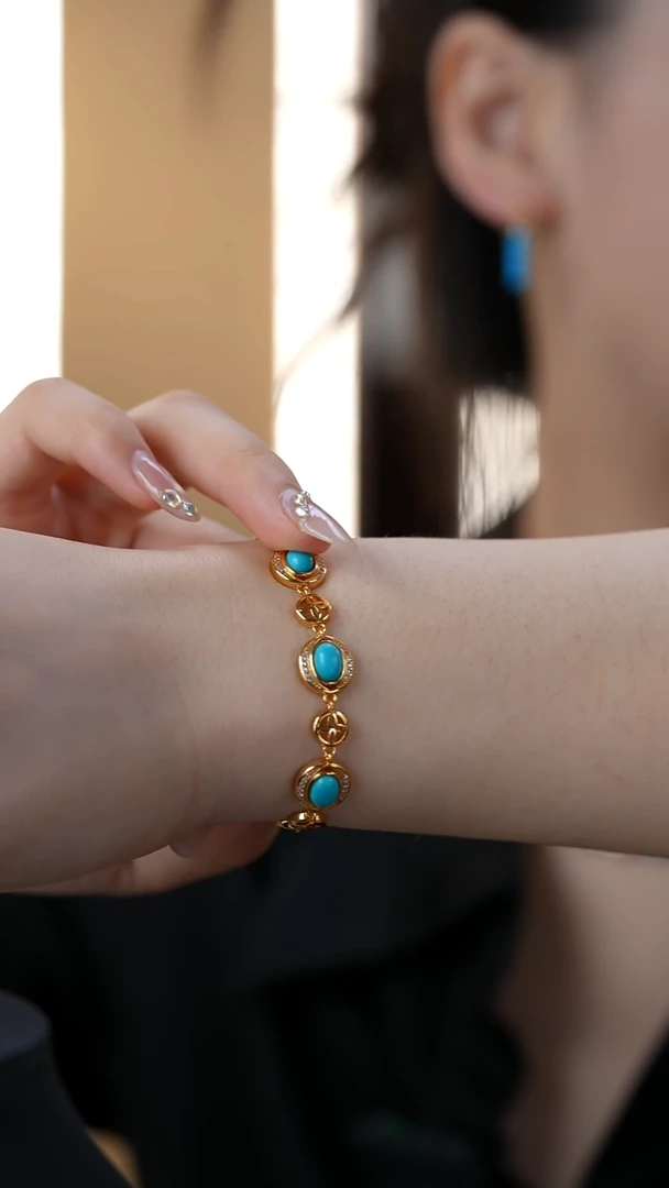 银S925镀金镶嵌绿松石手链秒拍号3