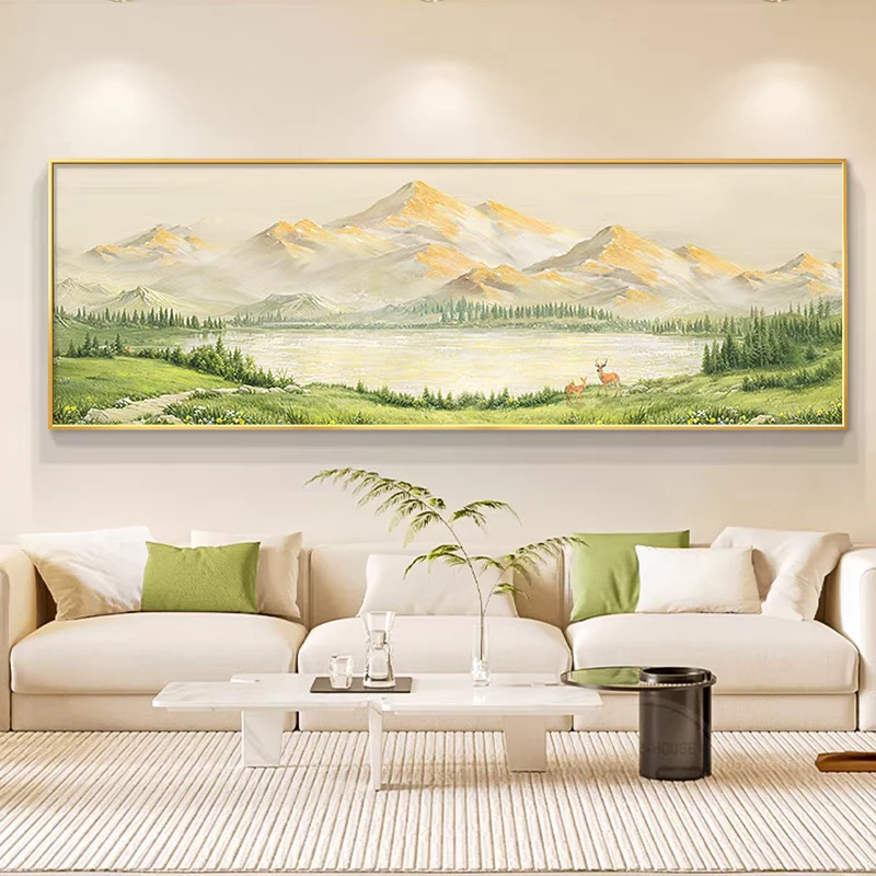 新款客厅镶钻装饰画横幅山水风景画沙发背景墙聚财日照金山70200
