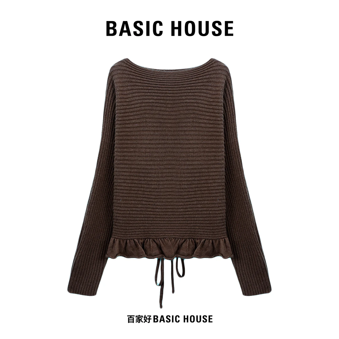 Basic House/百家好2025横条纹套头设计感拼接抽绳针织衫U962 XX