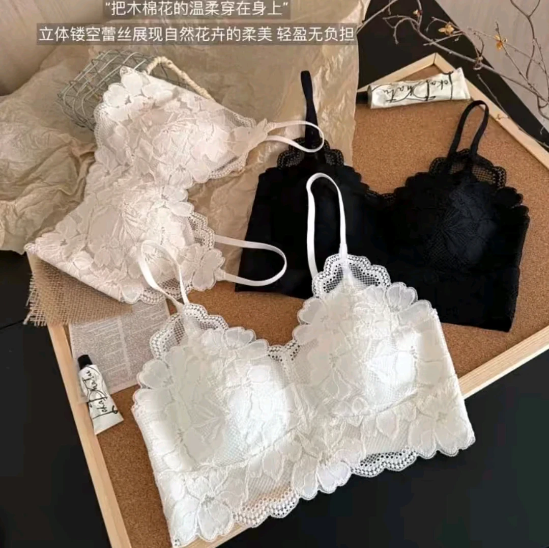 法式性感纯欲风蕾丝美背V领内衣乳胶薄杯聚拢吊带裹胸文胸
