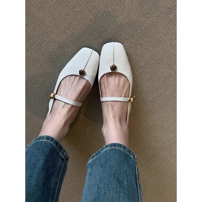 羊皮版~山茶花浅口休闲风一字扣后空凉鞋女通勤透气玛丽珍鞋单鞋