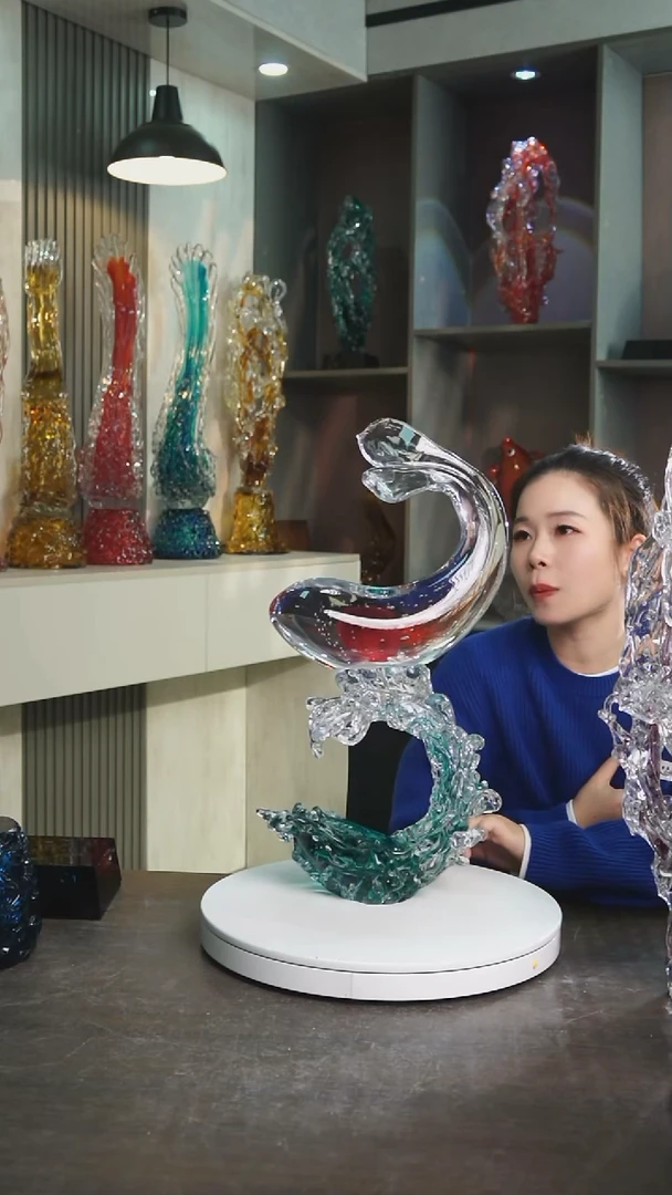 琉璃淳鱼跃龙门水晶琉璃摆件