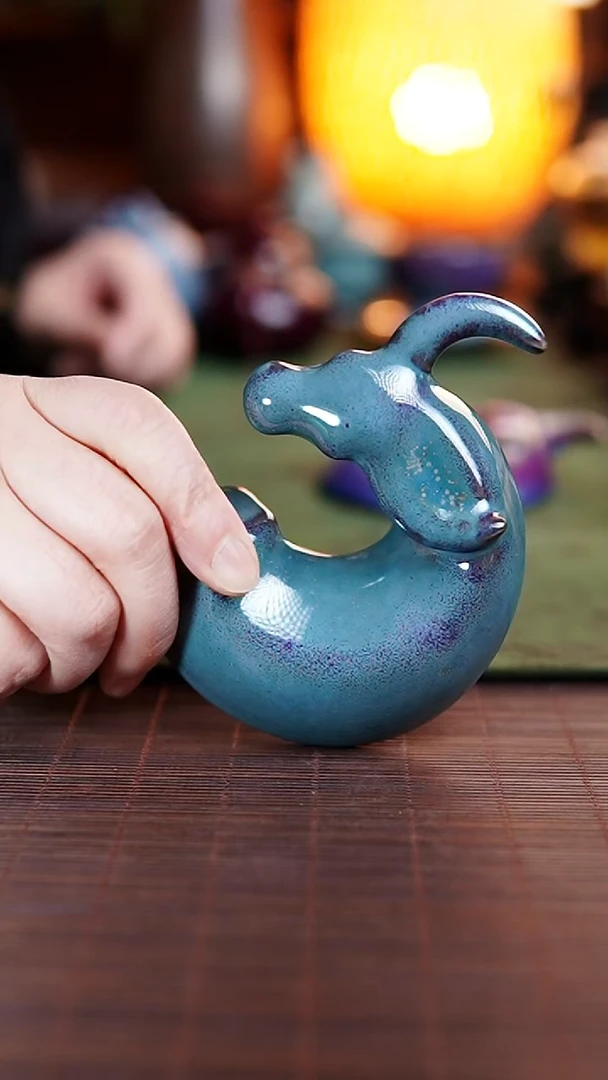 牛头 青蓝洒金 钧瓷摆件 盖置 茶宠