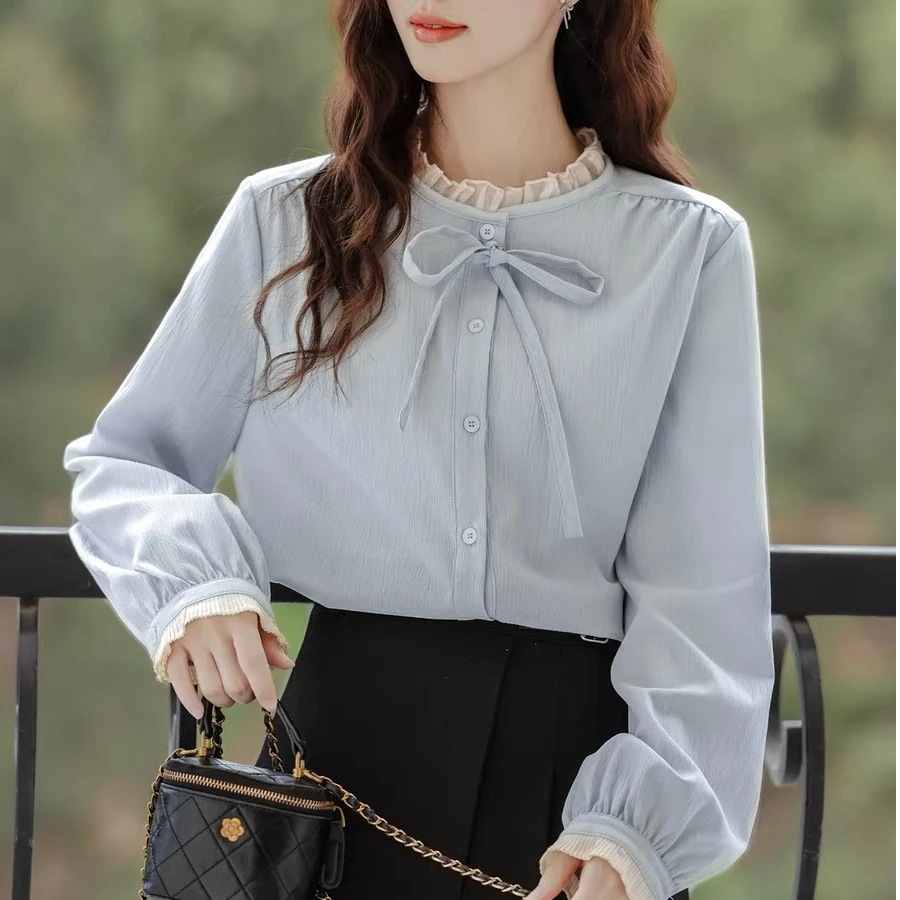 JIANAOBEN/简澳本大码洋气显瘦宽松清新减龄花边领拼接长袖衬衫