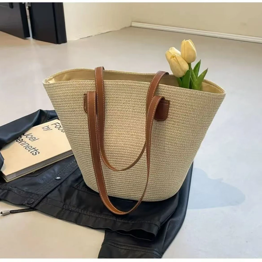 素面托特包简约百搭大容量沙滩包草编包手工编织单肩包