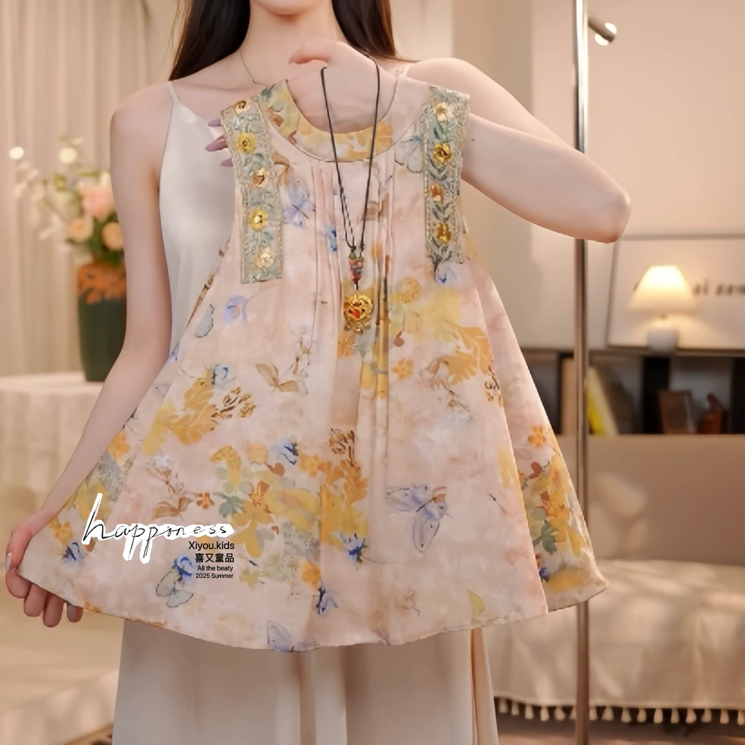 【花蝴蝶】夏季女童新款民族风休闲宽松无袖背心裙公主连衣裙25263