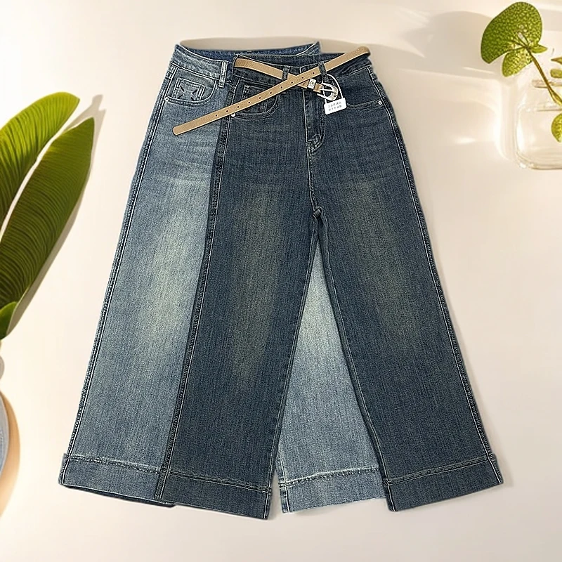 新款高腰直筒九分奶奶裤窄版阔腿裤潮流牛仔裤显瘦水洗宽松送腰带