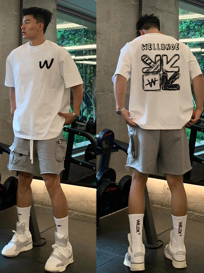 【重磅纯棉】男士休闲短袖T恤运动宽松潮流ins五分上衣印花圆领街头