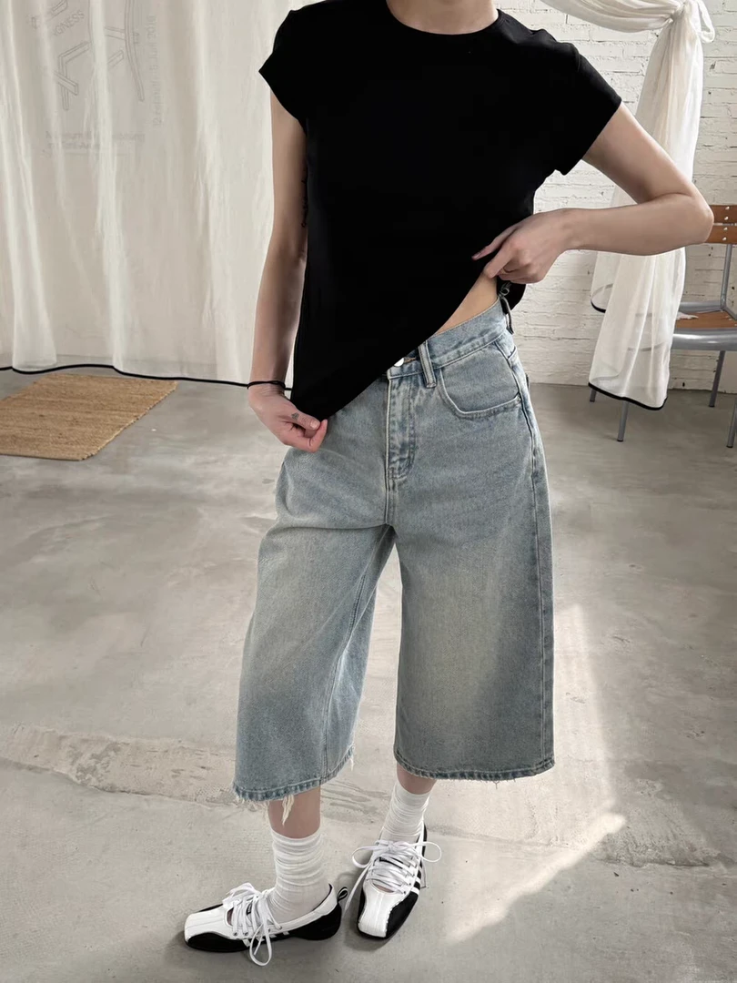 2025夏新款复古风七分牛仔裤韩系高腰显瘦简约百搭