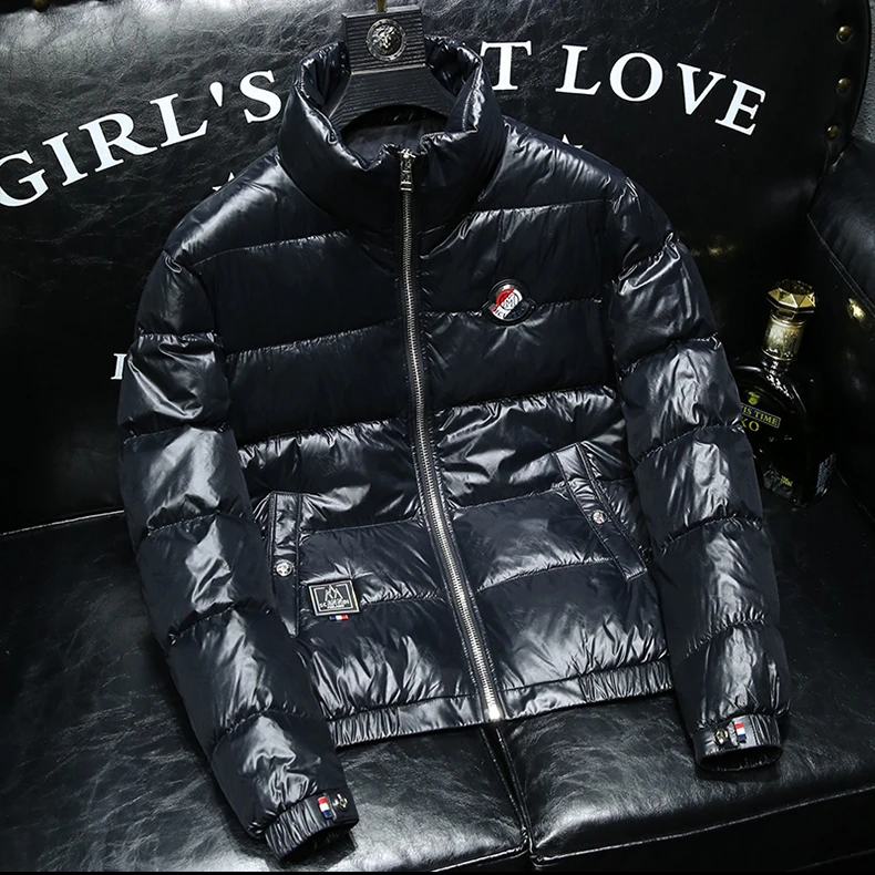 约文库费男士羽绒服轻便保暖立领修身上衣冬季休闲黑色白鸭绒外套