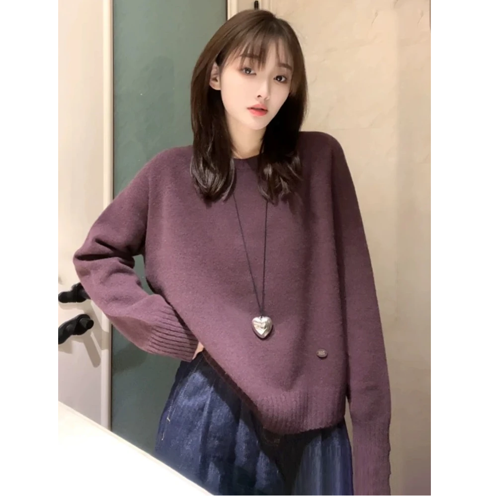 RC【下摆绣标圆领长袖毛衣】针织女秋冬慵懒外穿圆领ins百搭毛衣