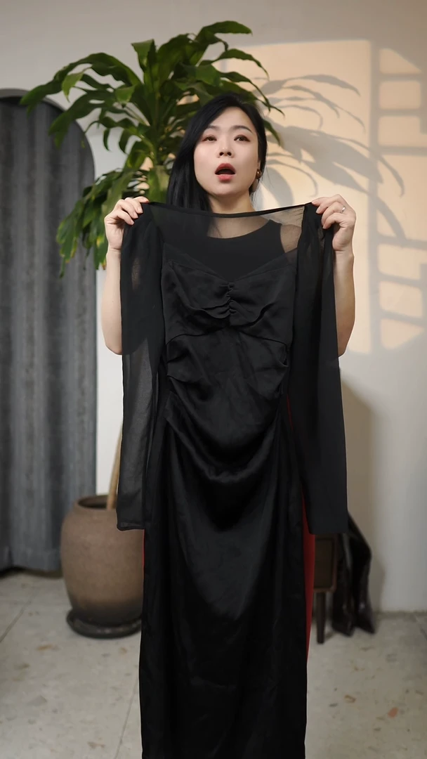 前褶长袖连衣裙，黑色，M，样衣微次