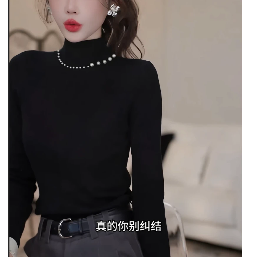 2025秋冬款设计感气质花边袖显瘦时尚百搭纯色修身T恤女打底衫