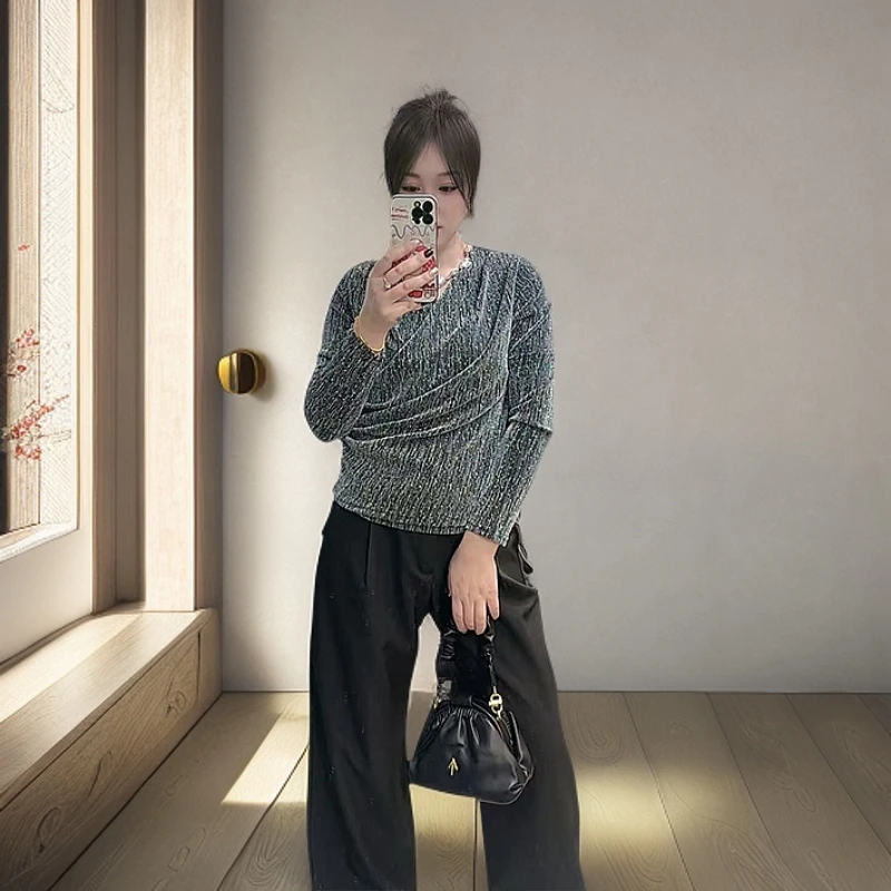 2025春季新款时尚休闲气质闪钻性感法式上衣显瘦百搭打底衫