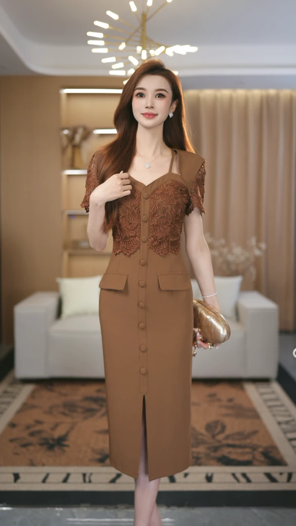 罗曼定制 高定棕色气质修身收腰夏季新款包臀刺绣连衣裙新款2025
