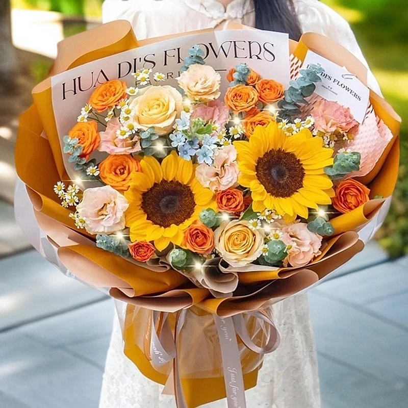 【前路慢慢亦灿灿】2枝向日葵2枝香槟泡泡桔梗混搭花束送朋友孩子长辈附近花店配送上门鲜花小时达