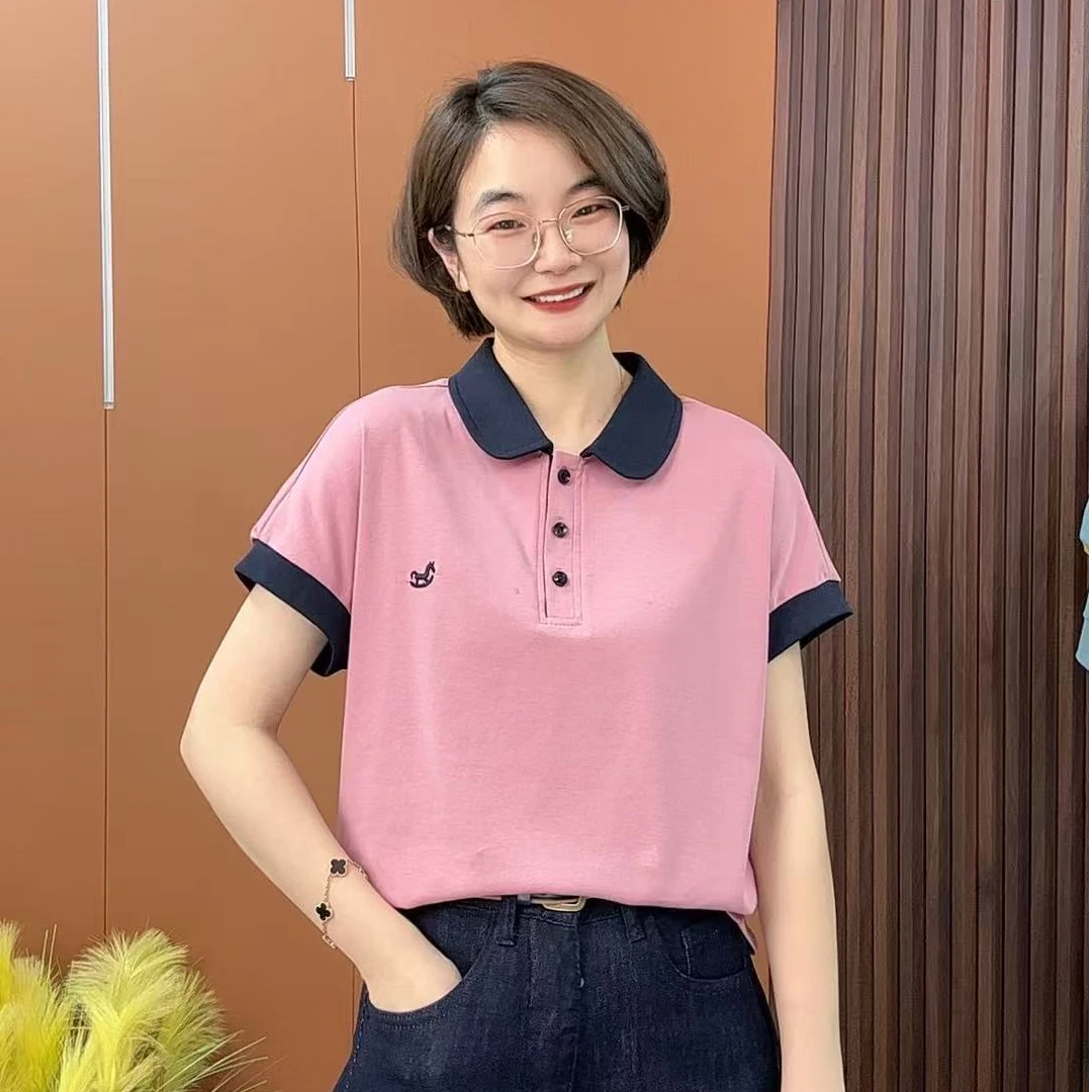 2025夏季新款刺绣撞色小翻领时尚洋气显瘦百搭上衣短袖Q0389