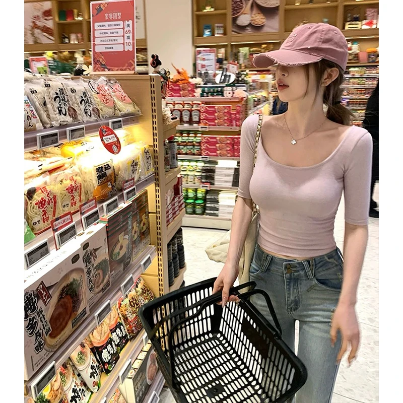 【淡紫美神】设计感中袖U领T恤打底衫内搭修身显瘦性感辣妹上衣3401