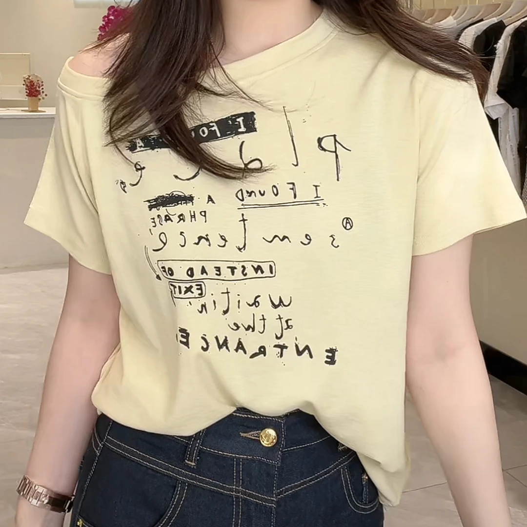 韩系休闲时尚显瘦百搭斜肩短袖T恤2025夏季新款印花气质通勤上衣