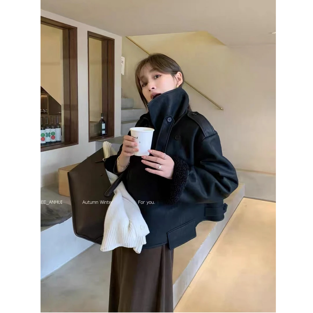 ZX519冬款PU皮拼仿羊羔毛皮毛一体机车风短外套女2024冬季新