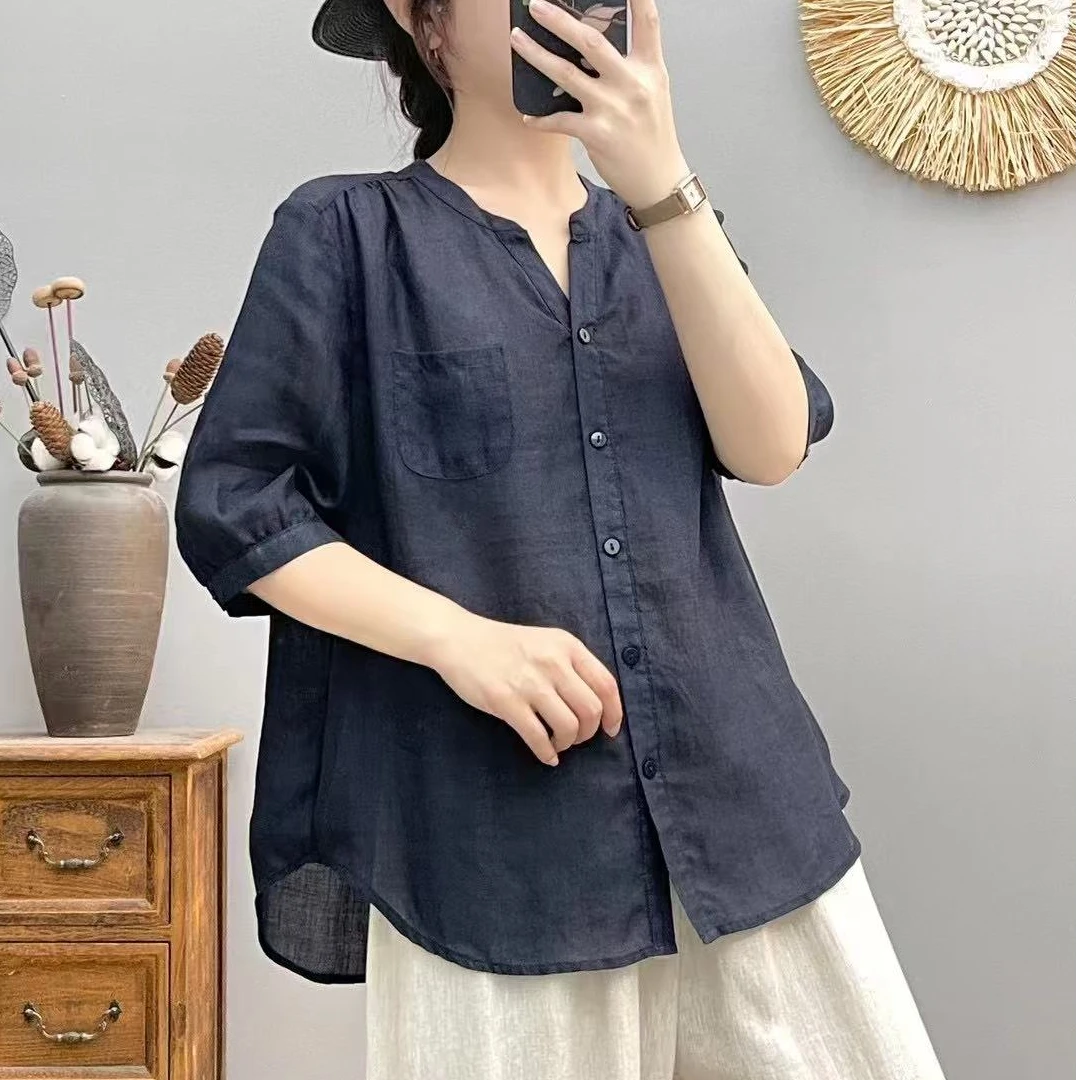 妮妮【100苎麻】夏季新款显瘦女士衬衫中式休闲衬衣气质百搭V领HG