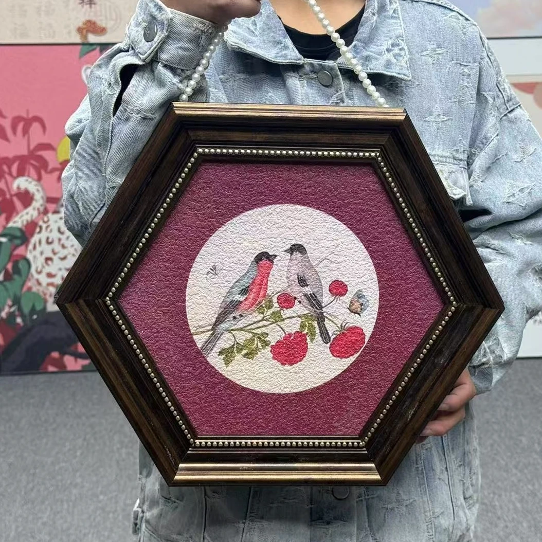 法式中国风喜相逢玄关装饰画美式卧室餐厅挂画客厅中古风六边