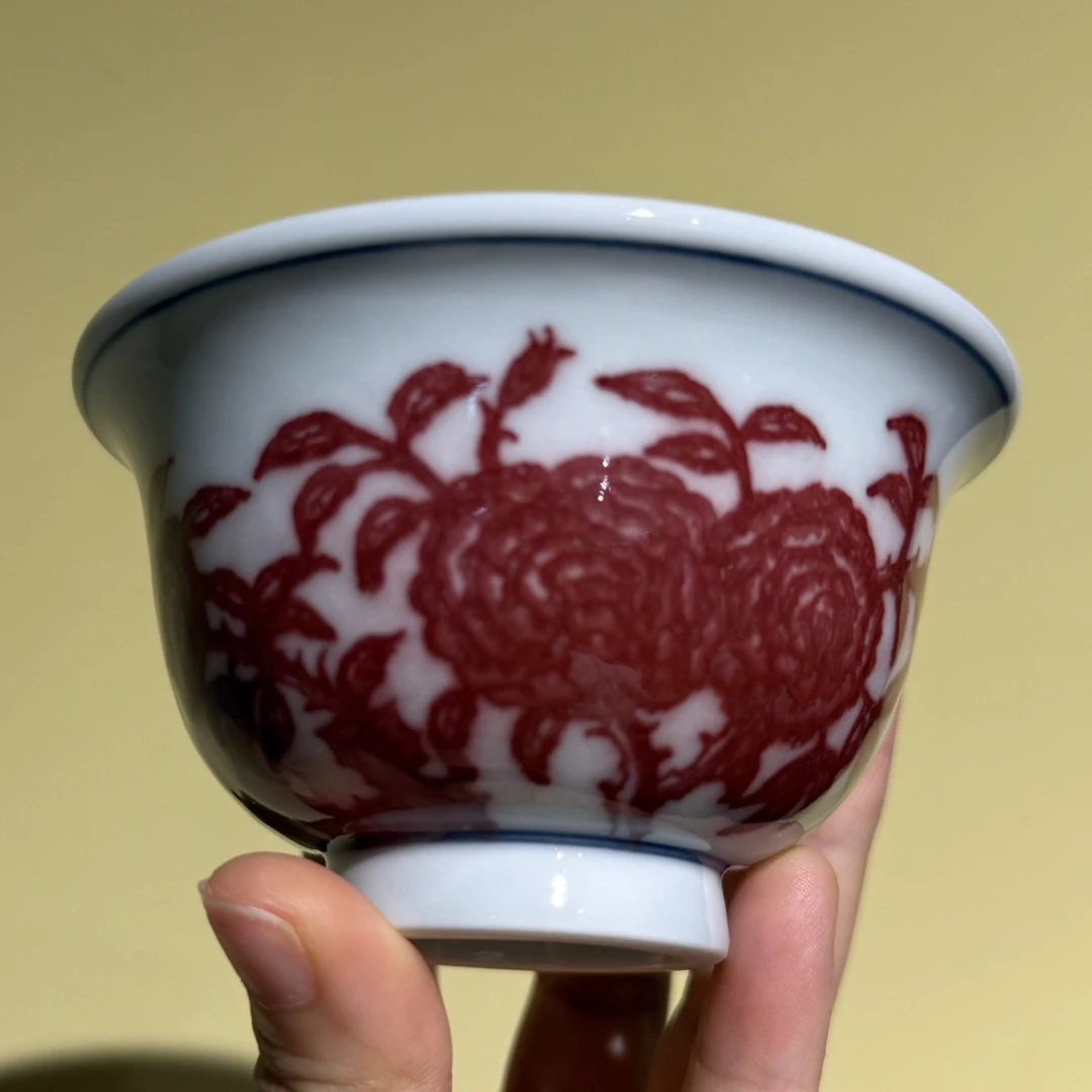 唐庐/釉里红/月季花压手杯