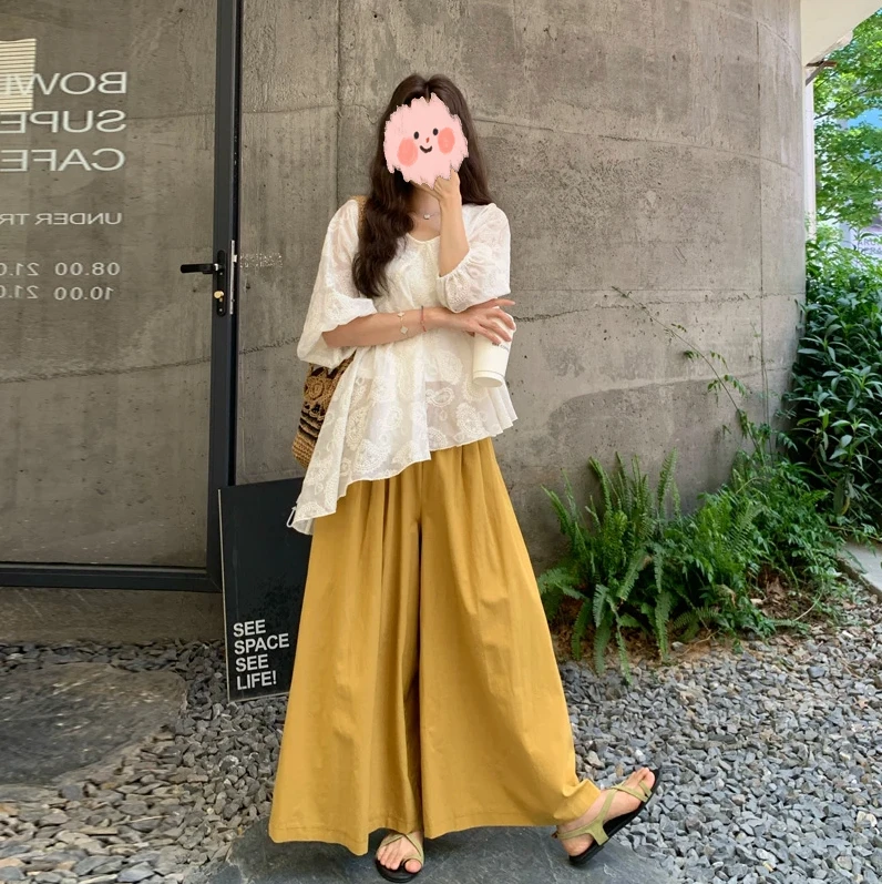 氛围感文艺范套装裤2025女夏新款韩系穿搭不规则绣花斜T阔腿裙裤