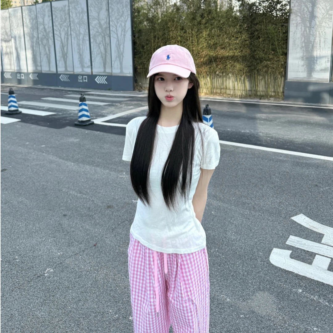 简约休闲穿搭一整套女装夏季新款纯棉正肩短袖T恤格子裤两件套装