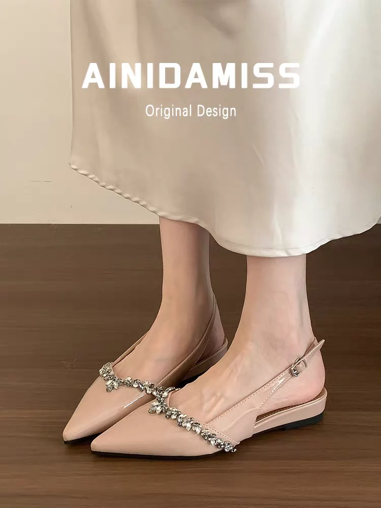 羊皮版~气质配裙子尖头后空单鞋女2025新款夏季包头平底凉鞋外穿