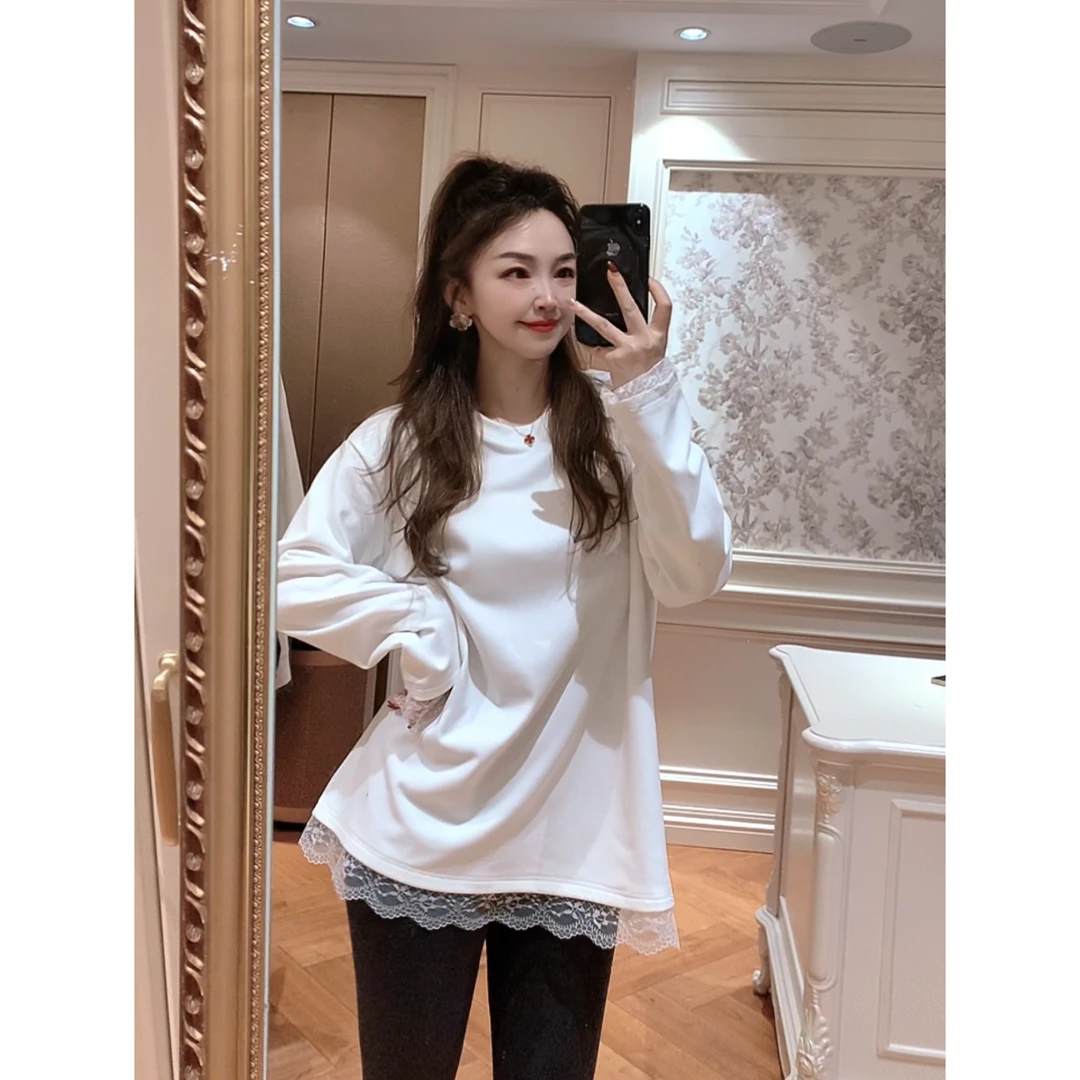 【ZHUJIE】时尚百搭遮肉蕾丝拼边打底T恤
