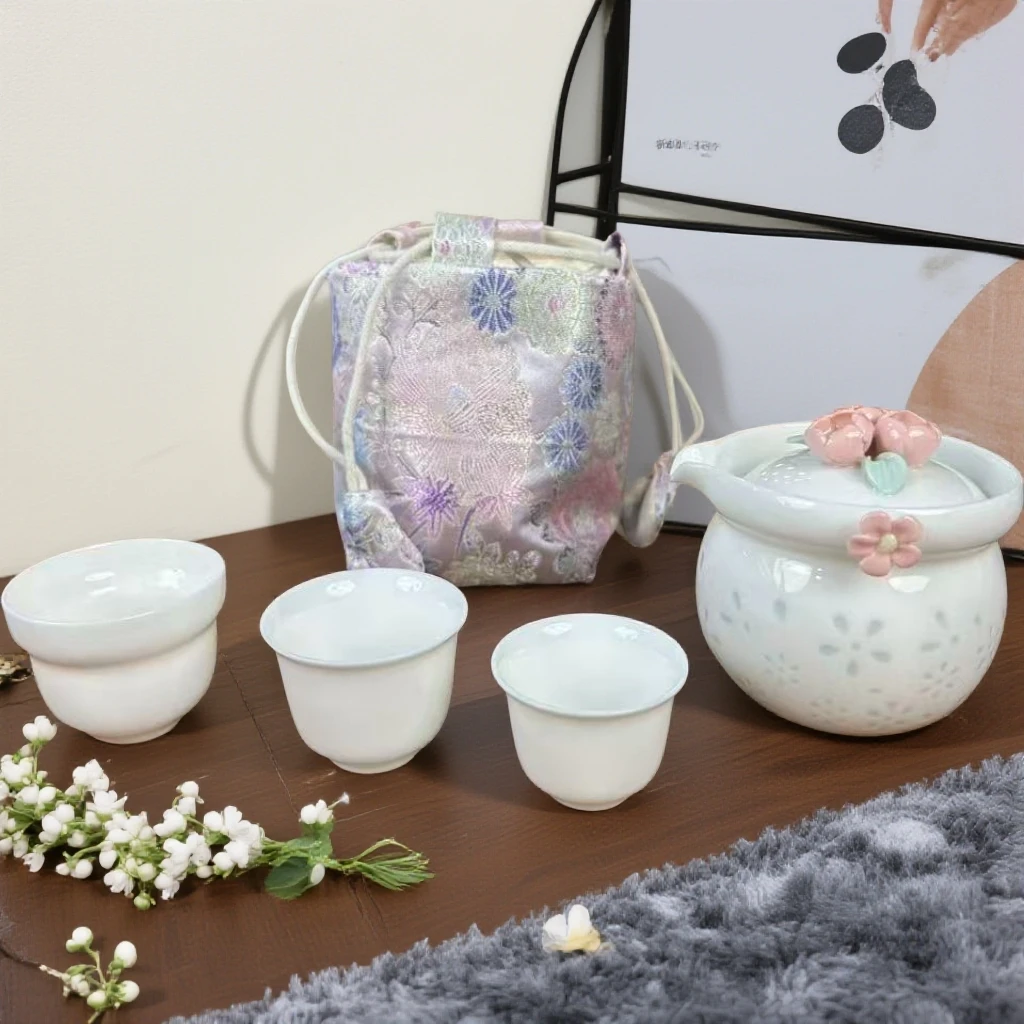 捏花玲珑瓷 一壶三杯带包户外便携式家用旅行茶具