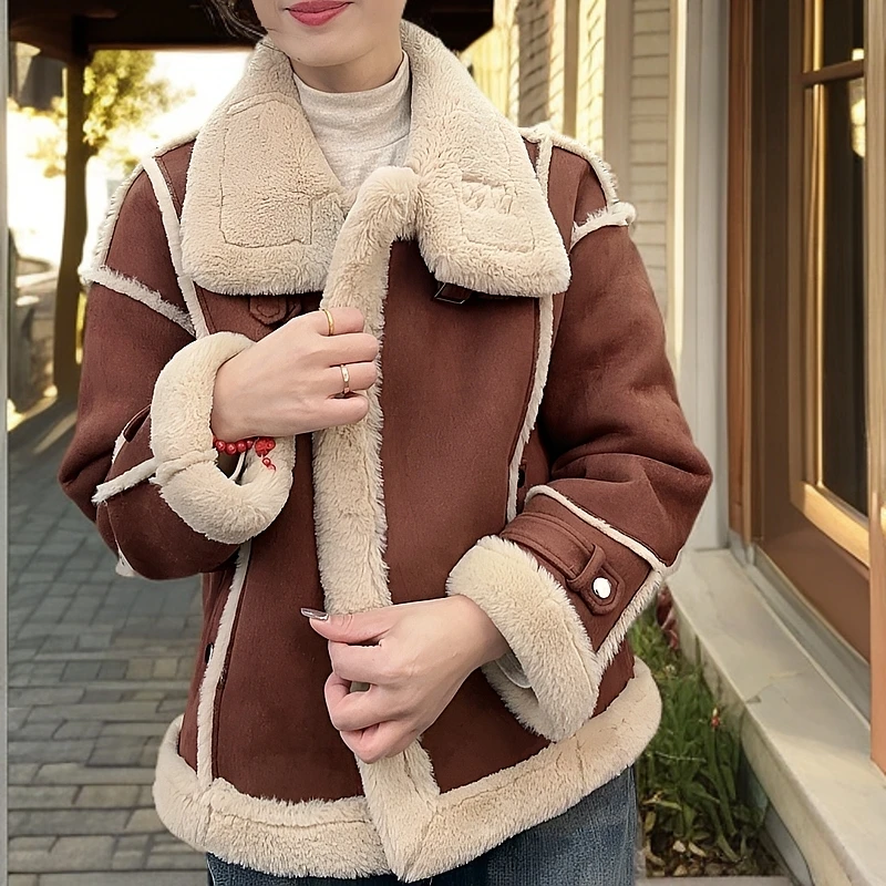 时尚1391宽松韩版短外套百搭加绒休闲短款翻领女士秋冬皮毛一体