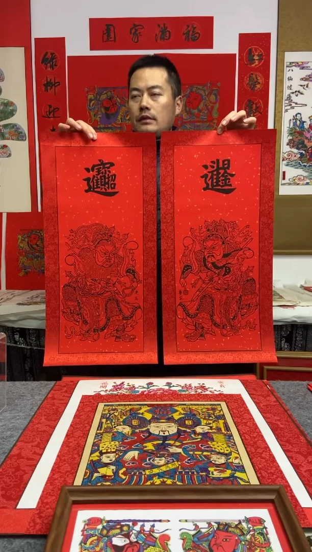 D***n龙虎门神墨线精裱手工制作精品