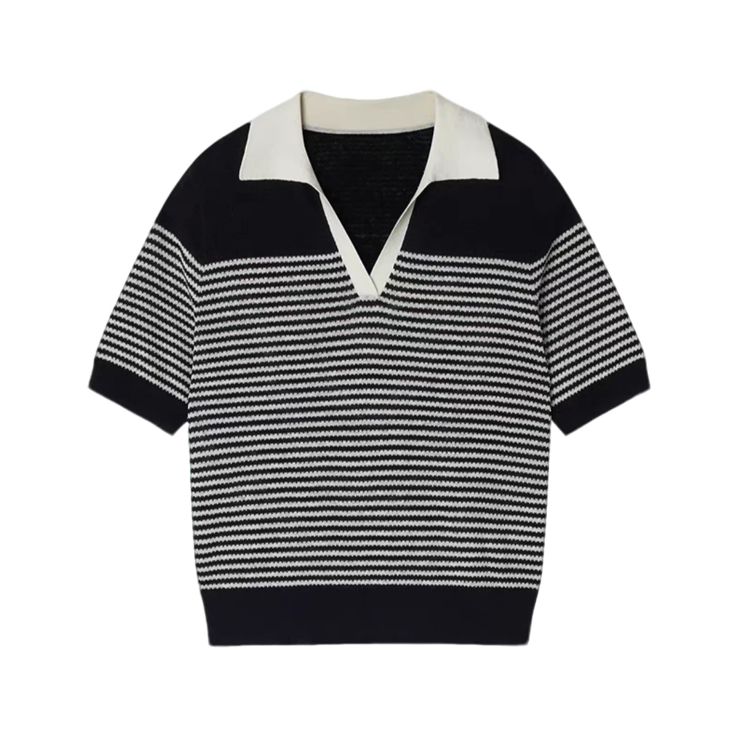 【禾】夏季新款气质藏青色条纹短袖针织衫-ZH5120