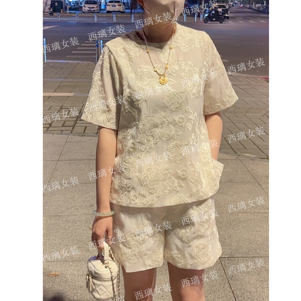 【芊芳】新中式国风重工刺绣上衣短裤两件套装女士宽松T恤褶皱