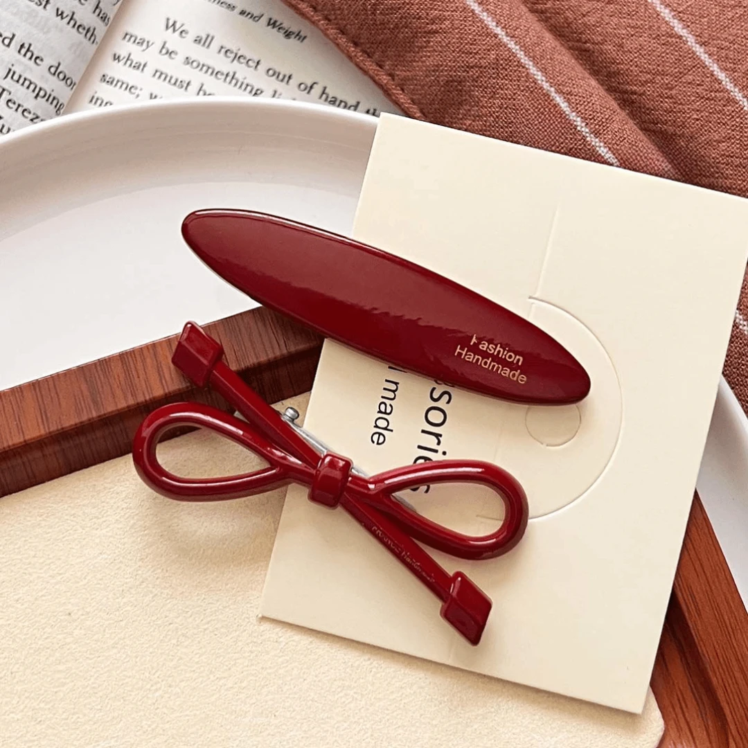 甜美蝴蝶结抓夹复古酒红色INS女侧边夹发饰女金标发夹显白刘海夹