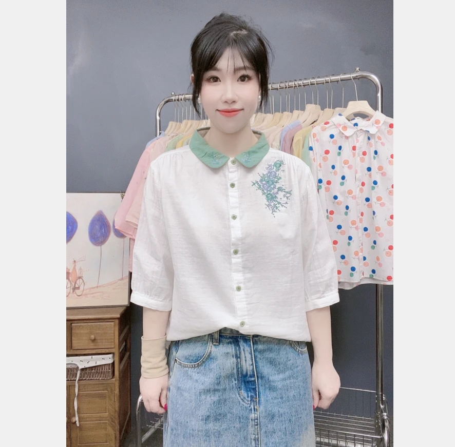 拼色领刺绣花 夏季软糯亲肤透气中袖纯棉 五分袖衬衫女 文艺清新