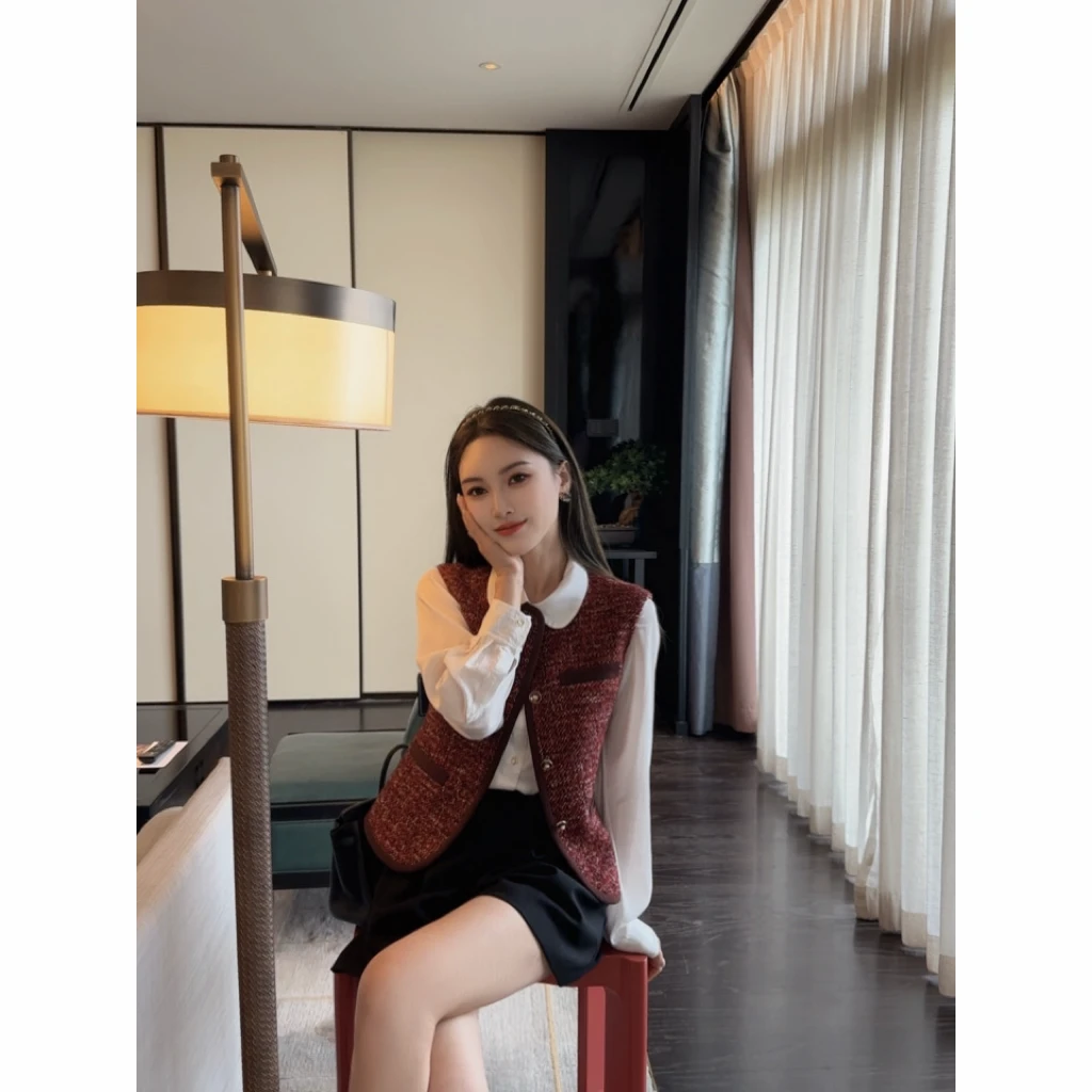 【曼文kiki】“暮色罗曼”复古红棕羊毛粗花呢小香风马甲 25Q1066