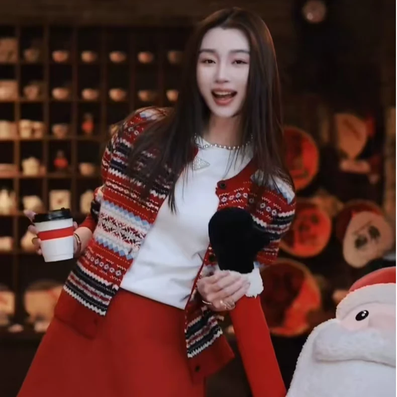 冰岛花色新年红~女士羊毛针织衫圣诞喜庆红色百搭复古秋冬民族风