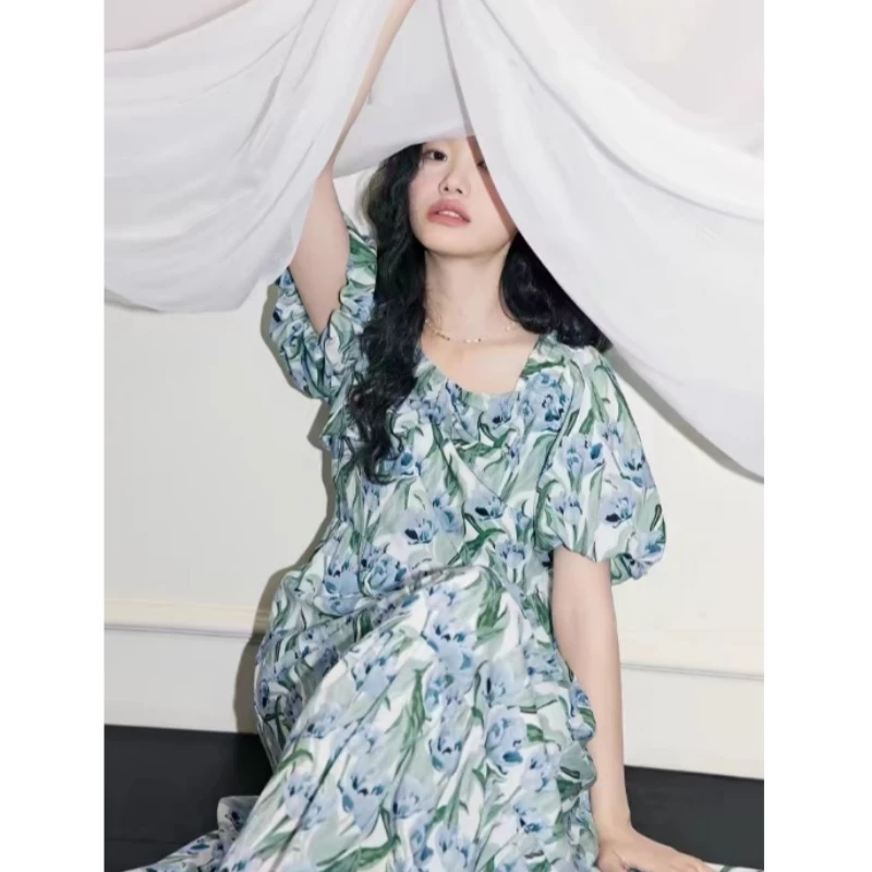 【天丝莱赛尔】油画碎花连衣裙女夏季新品薄荷曼波裙子.D0543