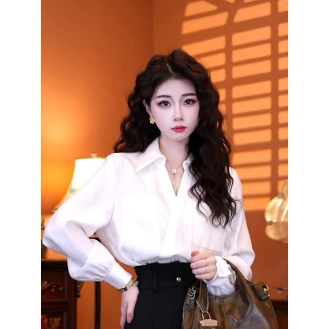 蒋肉肉【一抹白月】春季长袖衬衣透气气质精致设计感上衣01399