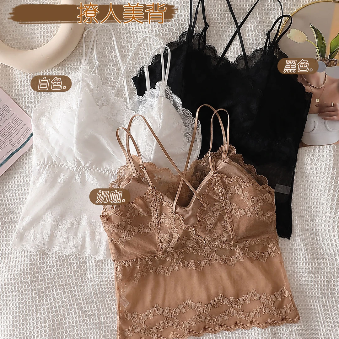 夏季蕾丝吊带背心性感美背裹胸带胸垫细带交叉式外穿内搭内衣女