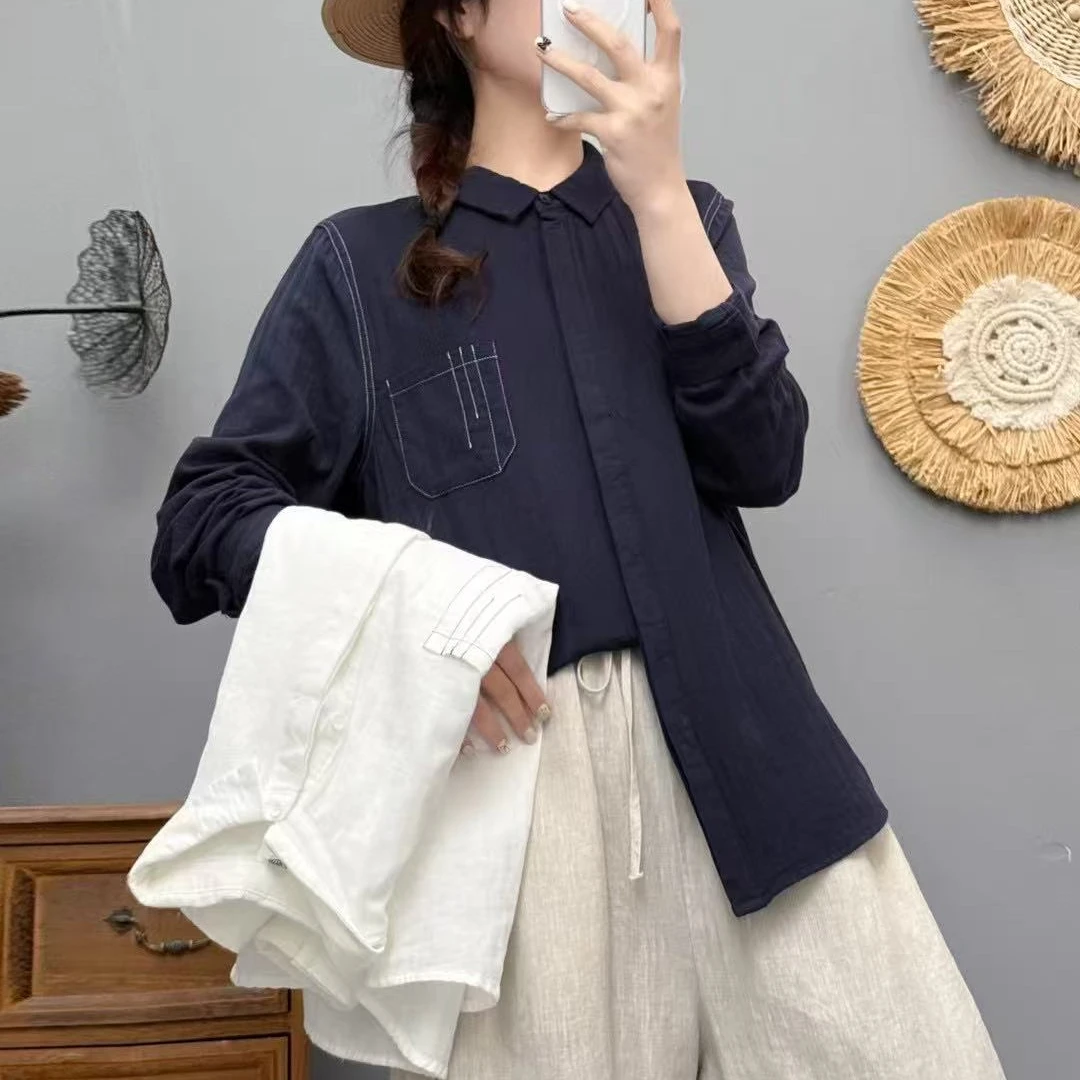 2025早春新款尖领棉纱衬衫女休闲长袖百搭衬衣明线纯色宽松上衣