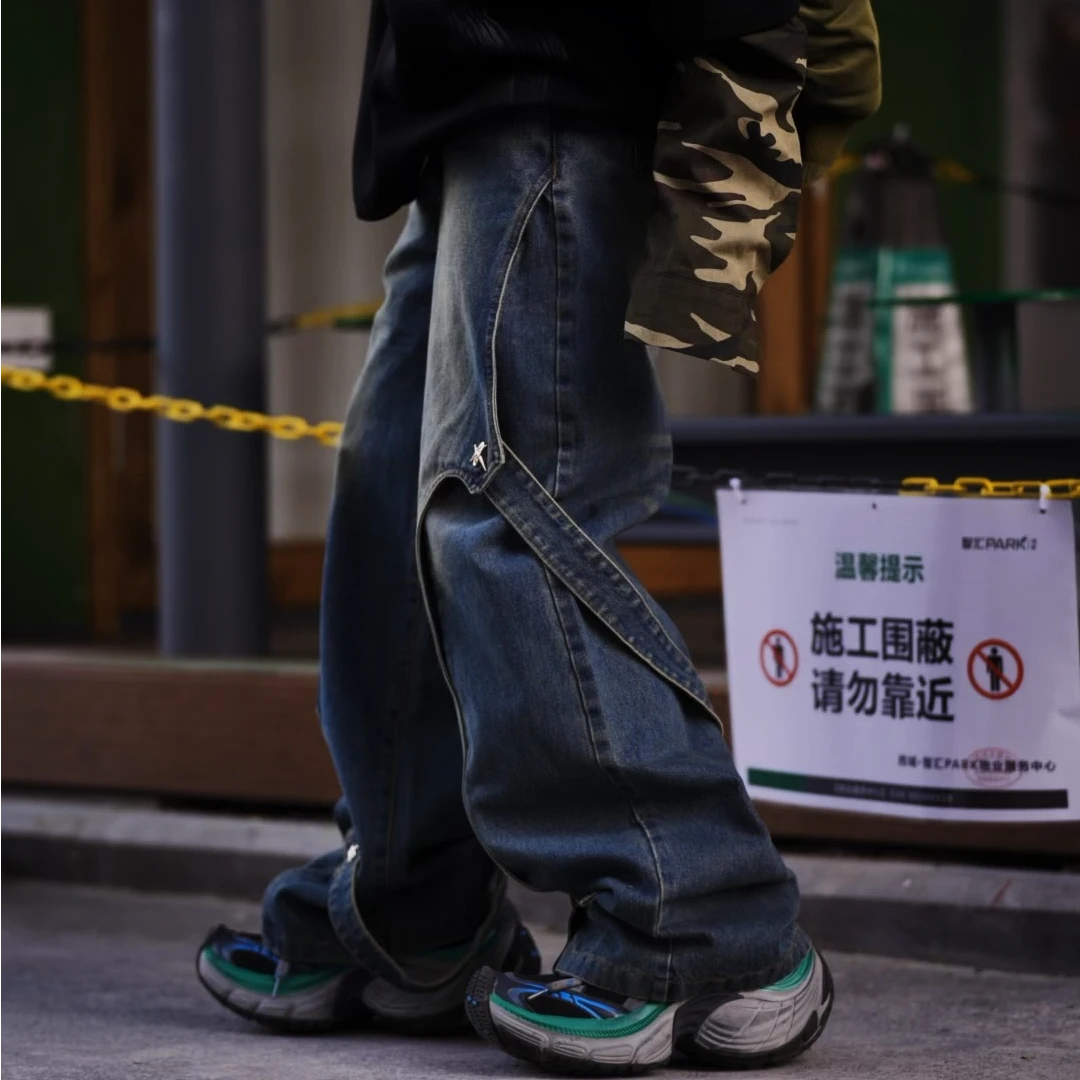 原创新款复古做旧水洗解构飘带拼接牛仔裤男重工金属直筒裤